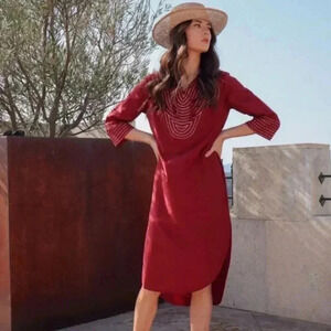 Souk Indigo Cotton Silk Blend Embroidered Red Burgundy Dress With Pockets